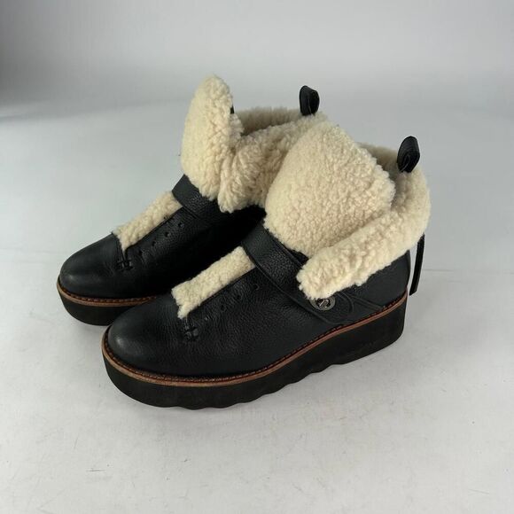 COACH Urban Hiker Boot US 7.5 B Leather Black Shearling Wedge Platform shoes - Picture 5 of 15